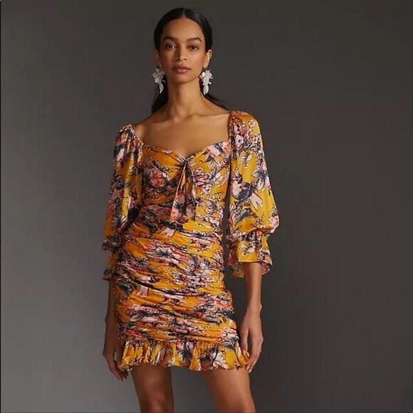 Anthropologie Ranna Gill Ruched Floral Mini Dress NEW Size Small - Picture 2 of 10